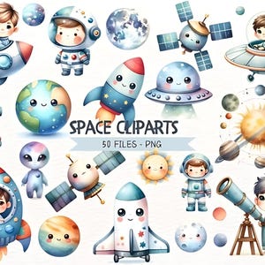 Paquete de imágenes prediseñadas del espacio con acuarela, astronauta feliz, espacio exterior, estrellas, plantas, luna, nave espacial, PNG y SVG, impresión digital, sublimación