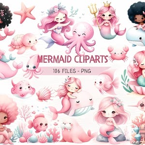 Pacchetto di clipart di sirene carine con acquerelli, pacchetto di delfini, clipart di sirene carine con acquerelli, simpatici animali marini PNG, meduse, cavallucci marini, castello