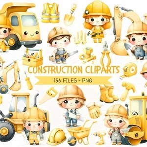 Aquarell Baustelle Clipart Bundle, Fahrzeug Planierraupe, Bagger, LKW PNG- und SVG-Grafik, Kinderzimmer-Digitaldrucktische, kommerzielle Nutzung