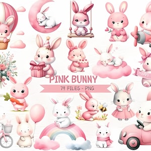 Aquarell rosa Häschen Clipart Bundle, Landhaus Frühling Element PNG Grafikdesign, digitaler Download