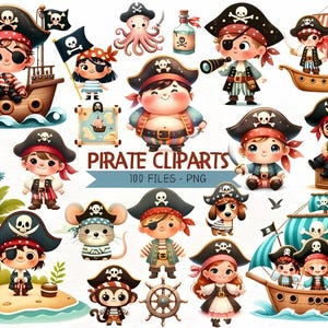 Aquarel schattige piraat clipartbundel, piratenschip vlag, piratenkaart kinderkamer decor, kinderjongen piraat avontuur verjaardag themabundel png