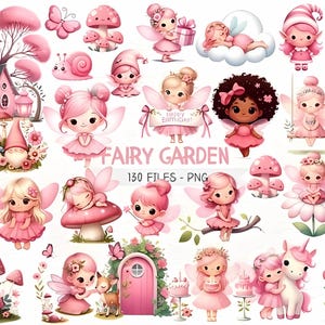 Pinker Feengarten. Fee Clipart, niedliche Aquarell Pastell Feen, erster Geburtstag Clip Art, verzauberter Wald, Baby-Dusche Clipart