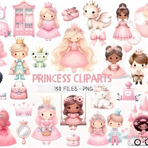 Schattige aquarel roze prinses clipart, kleine prinses clipart, sprookjesachtige clipart, prinses en kasteel png, aquarel clipart