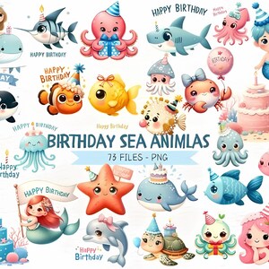 Paquete de imágenes prediseñadas de animales marinos de cumpleaños, lindas imágenes de animales marinos, gráficos de vida silvestre oceánica, descarga digital instantánea, uso comercial