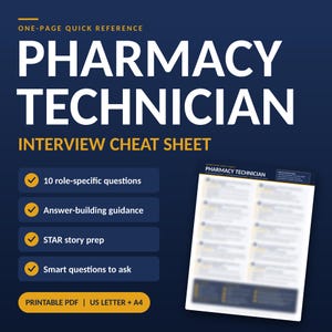 Pharmacy Technician Interview Cheat Sheet | Pharmacy Tech Interview Questions Prep | One Page Printable PDF | US Letter + A4