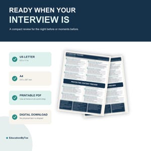 Könnte beinhalten: Ein digitales Dokument mit dem Titel READY WHEN YOUR INTERVIEW IS, bestehend aus zwei gestapelten Seiten mit unscharfem Text und einem dunkelblauen Banner mit der Aufschrift PROTECTED CONTENT PREVIEW. Enthält US Letter 8.5 x 11 in, A4 210 x 297 mm, druckbares PDF und digitalen Download.