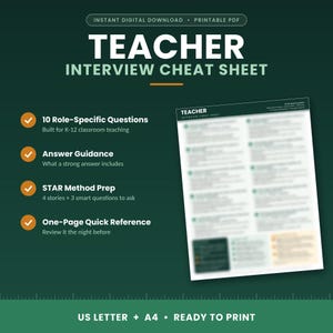 Fusklapp för lärarintervjuer, guide till frågor och svar inför lärarintervjuer, förberedelser inför lärarintervjuer för grundskolan och gymnasiet, utskrivbar PDF för STAR-metoden