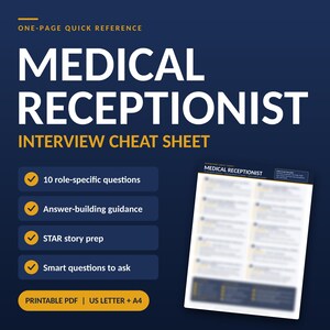 Spiekbrief voor sollicitatiegesprekken als medisch receptioniste | Vragen voor de receptie, HIPAA, STAR-voorbereiding (PDF)