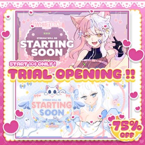 Pode incluir: Um personagem de anime rosa e branco com orelhas de gato e uma faixa em forma de coração rosa e branco que diz "O stream começará em breve" e "Abertura de teste!" com um desconto de 75%.