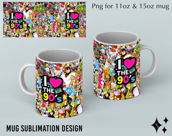 90's love Cartoon Mug Sublimation Template - Designs - 11Oz Mug - 15Oz Mug PNG Mug wrap Templates - Cricut Mug Press Designs template