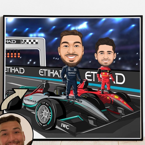 Formula 1 Caricature, Custom Digital Portrait, Sports Art, Cartoon Portrait, Car Art, F1 Gift, Ferrari Drawing, Personalized Cartoon