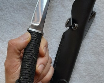 Outdoor Survival Tanto Stainless Steel Fixed Knife with Black Leather Sheath