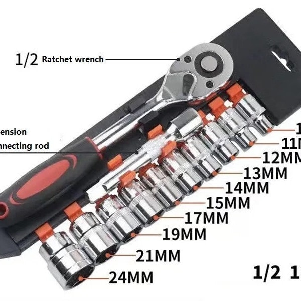 Ratchet Socket Wrench Set 12PCS 1/2 Inch Metric with Spanner and Extension Bar