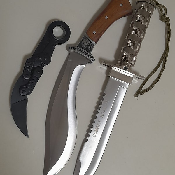 SET 3 Knives - 1 Survival Outdoor  Knife + 1 Folding Karambit + 1 Kukri Bushcrafting Fixed Blade Machete  Knife