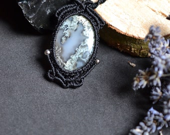 Macrame necklace with unique moss agate, handmade gemstone necklace in boho style