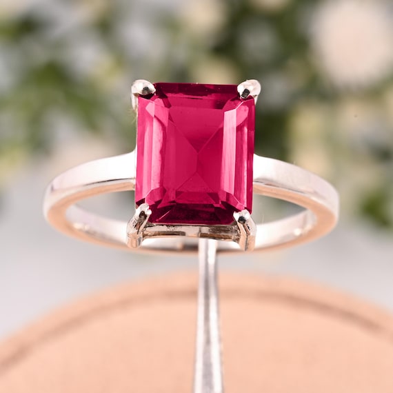 Anillo de plata esterlina maciza 925 con rubí rosa, anillo grabado