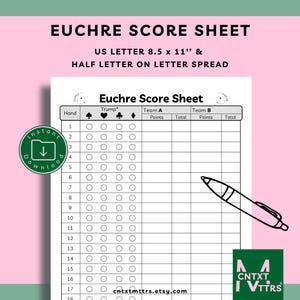 Printable Euchre Score Sheet – Classic 2-Team Format| Instant Download PDF (US Letter & Half Letter on Letter spread) - Euchre Score Card