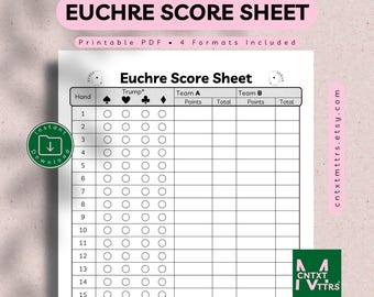 Printable Euchre Score Sheet PDF, 2-Team Bundle with How-to-Play Guide, Multiple Formats, US Letter & A4, A5, Instant Download