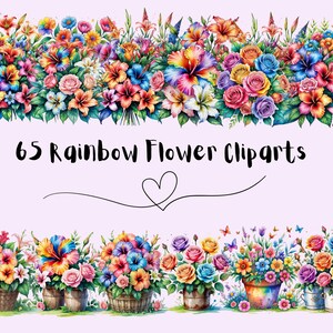 Rainbow Flower Clip Art Bundle: Watercolor Floral PNG (Digital Download