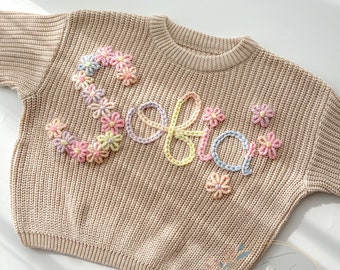 Flower initial sweater,Hand embroidered sweater,Baby and child sweater,Kids name jumper,Personalised jumper,Name jumper,Baby gift,Newborn