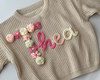 High quality Hand embroidered sweater,Flower initial,Name sweater Baby and child sweater,Kids name jumper,Personalised jumper,Birthday gift