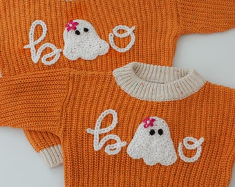 Handbestickter Pullover, Namenspullover, Kürbispflück-Outfit, Baby- und Kleinkind-Halloween-Outfit, Namenspullover, Geburtstagspullover, Streusel-Strickpullover
