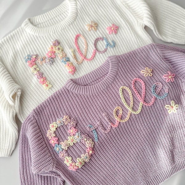 Flower initial sweater,Hand embroidered sweater,Baby and child sweater,Kids name jumper,Personalised jumper,Name jumper,Baby gift,Newborn