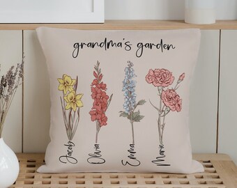 Personalized Birth Flower Pillow Cover,Custom Grandma's Garden Pillow,Personalized Birthflower Pillow with Grandkidsnames , Gift for Grandma