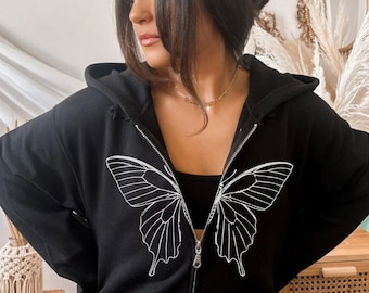 Butterfly Zip Up Hoodie,Butterfly Hoodie,Minimalist Butterfly Sweatshirt,Women Butterfly Hoodie,Monarch Butterfly,Dark Academia Sweat