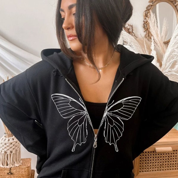 Butterfly Zip Up Hoodie,Butterfly Hoodie,Minimalist Butterfly Sweatshirt,Women Butterfly Hoodie,Monarch Butterfly,Dark Academia Sweat