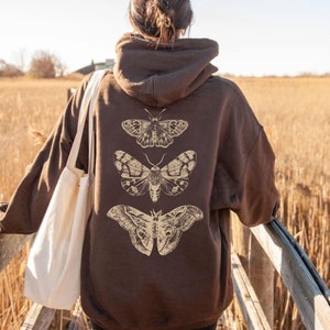 Moth Hoodie,  Cottagecore Goth Hoodie, Trendy Back Print Hoodie,Celestial Mystical Fairycore Hooded Sweatshirt