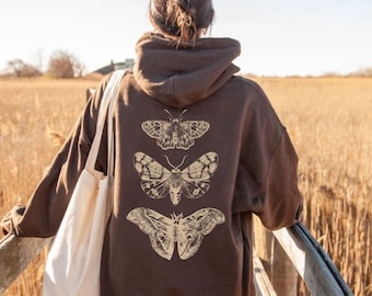 Moth Hoodie, Cottagecore Goth Hoodie, Trendy Back Print Hoodie,Celestial Mystical Fairycore Hooded Sweatshirt
