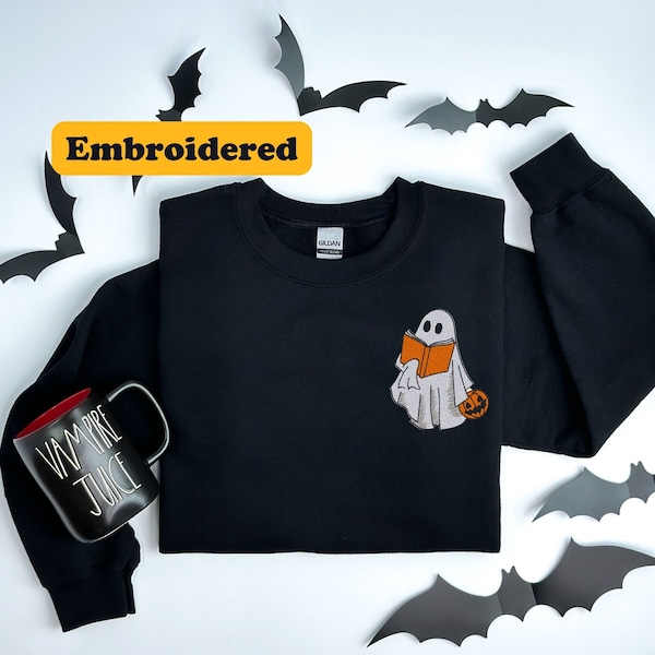 Embroidered Ghost Sweatshirt, Embroidered Fall Sweatshirt, Book Ghost Sweater, Halloween Embroidered Sweatshirt,  Booooks Sweatshirt
