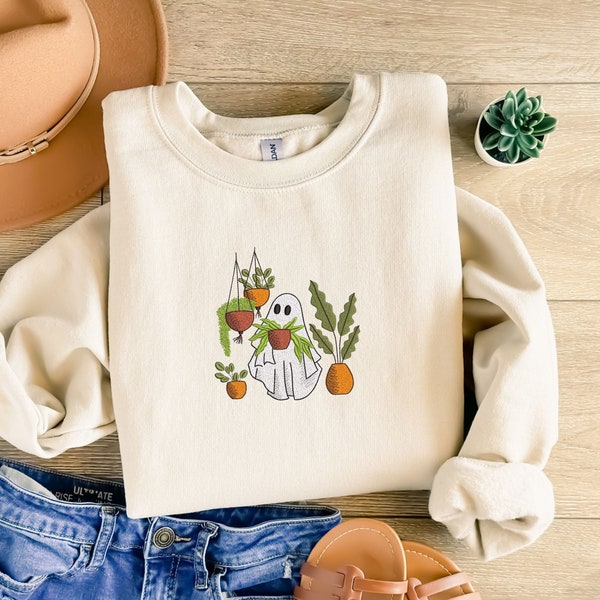 Embroidered Ghost Sweatshirt, Embroidered Fall Sweatshirt, Plant Ghost Sweater, Halloween Embroidered Sweatshirt, Plant Lover Gift