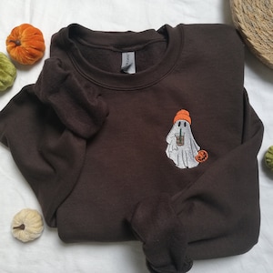 Embroidered Ghost Sweatshirt, Embroidered Fall Sweatshirt, Iced Coffee Ghost Sweater, Halloween Embroidered Sweatshirt, Little Ghost Coffee