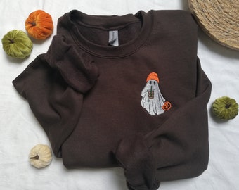 Embroidered Ghost Sweatshirt, Embroidered Fall Sweatshirt, Iced Coffee Ghost Sweater, Halloween Embroidered Sweatshirt, Little Ghost Coffee