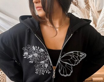 Butterfly Zip Up Hoodie,Butterfly Hoodie,Minimalist Butterfly Sweatshirt,Women Butterfly Hoodie,Monarch Butterfly,Dark Academia Sweat