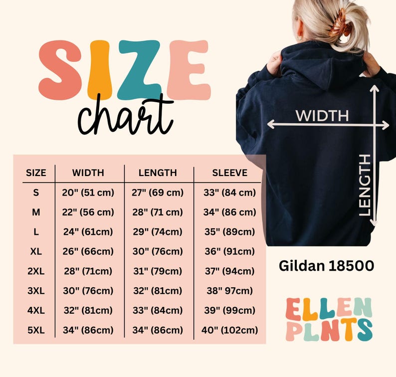 K&ouml;nnte beinhalten: Gr&ouml;&szlig;entabelle f&uuml;r einen Gildan 18500 Hoodie mit Ma&szlig;en in Zoll und Zentimetern. Die Tabelle zeigt die Breite, L&auml;nge und &Auml;rmell&auml;nge f&uuml;r die Gr&ouml;&szlig;en S bis 5XL. Der Text "ELLEN PLNTS" ist auf dem Hoodie aufgedruckt.