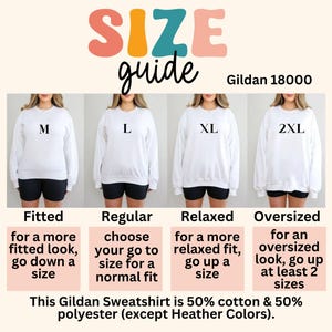 May include: A size guide for a Gildan 18000 sweatshirt, showing how the fit changes with different sizes. The guide includes the sizes M, L, XL, and 2XL, with descriptions for fitted, regular, relaxed, and oversized looks. The sweatshirt is 50% cotton and 50% polyester.