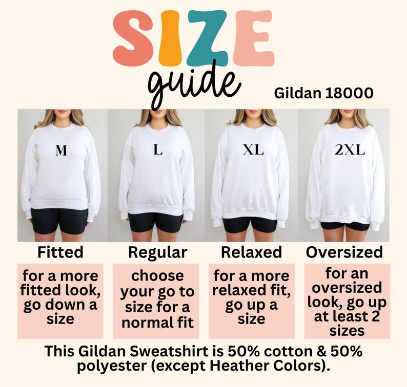May include: A size guide for a Gildan 18000 sweatshirt, showing how the fit changes with different sizes. The guide includes the sizes M, L, XL, and 2XL, with descriptions for fitted, regular, relaxed, and oversized looks. The sweatshirt is 50% cotton and 50% polyester.