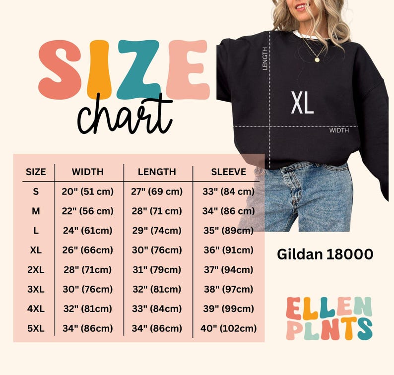 May include: Black XL Gildan 18000 sweatshirt with a size chart. The chart lists measurements for width, length, and sleeve length in inches and centimeters. The text "SIZE chart" is at the top.