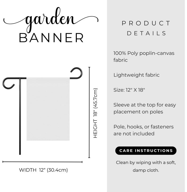 Peut inclure: Une banni&egrave;re de jardin blanche avec le texte "garden BANNER" en &eacute;criture noire. La banni&egrave;re mesure 30,4 cm de large et 45,7 cm de haut, et est affich&eacute;e sur un support en m&eacute;tal noir. La banni&egrave;re est en tissu l&eacute;ger.
