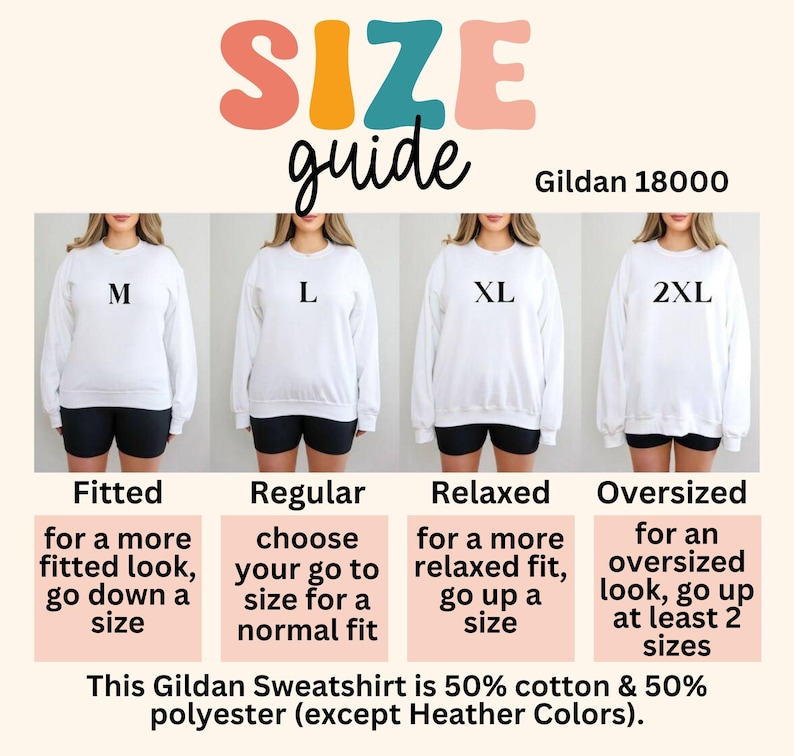 Puede incluir: Gu&iacute;a de tallas para sudaderas Gildan 18000. La gu&iacute;a muestra cuatro tallas diferentes: M, L, XL y 2XL. Cada talla se muestra en una modelo que lleva una sudadera blanca. La gu&iacute;a tambi&eacute;n incluye descripciones del ajuste para cada talla: Ajustado, Regular, Relajado y Oversize. El texto en la parte inferior de la imagen dice: Esta sudadera Gildan es 50% algod&oacute;n y 50% poli&eacute;ster (excepto los colores Heather).
