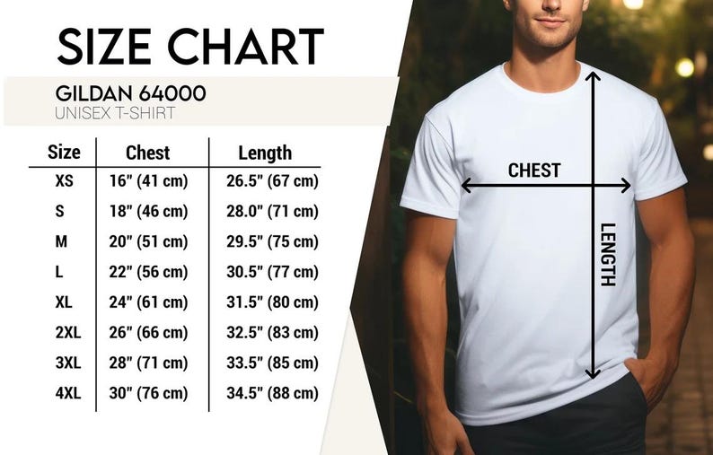 Peut inclure: Tableau des tailles pour un t-shirt unisexe Gildan 64000. Les mesures incluent les tours de poitrine de 41 cm &agrave; 76 cm et les longueurs de 67 cm &agrave; 88 cm. Une personne porte un t-shirt blanc avec les mentions "CHEST" et "LENGTH".