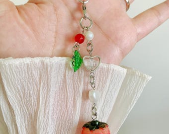 Y2K Strawberry Beaded Phone Charm Strap: Kawaii Keychain Accessory