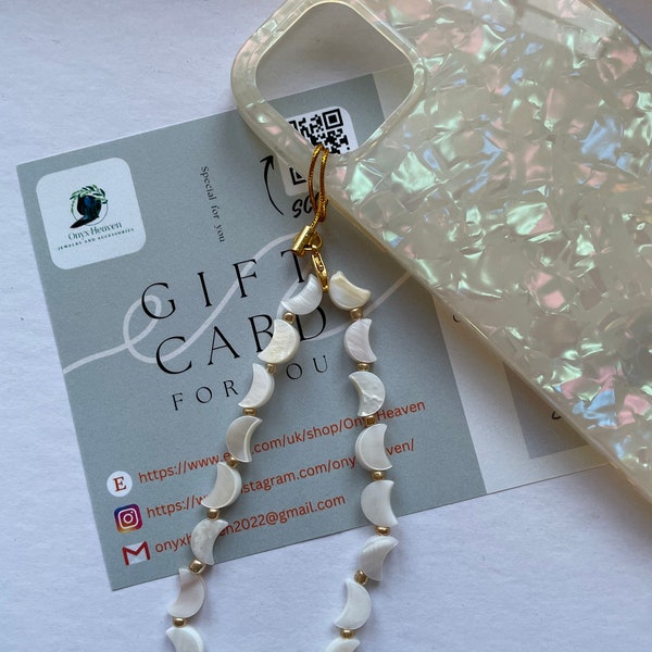 Real Mother of Pearl Moon Shape Phone Charm. Phone accessories, Real Mother of Pearl lanyard. Handmade item, beautiful gift ideas. 7inch