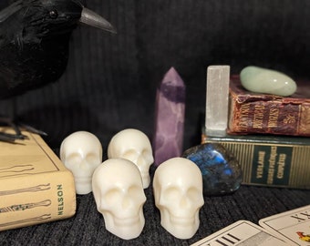 May include: Four white skull-shaped candles sit on a dark surface with a black raven, books, and crystals in the background.