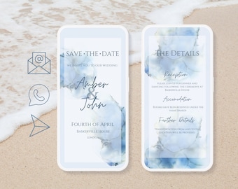 Digital Wedding Invitation blue Save the date Wedding Invitation Watercolor invitation mobile blue Electronic Wedding Invitation EVITE