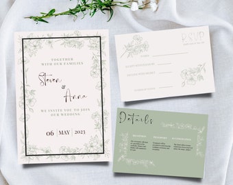 Wedding Invitation sage Invitation Template Floral wedding invitation download greenery invitation editable instant invitation printable