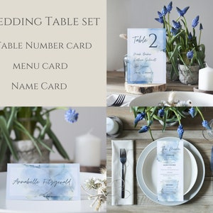 Ensemble de mariage bleu carte de sièges mariage Menu bleu mariage modèle bundle bleu Table de mariage numéro carte imprimable Menu mariage table